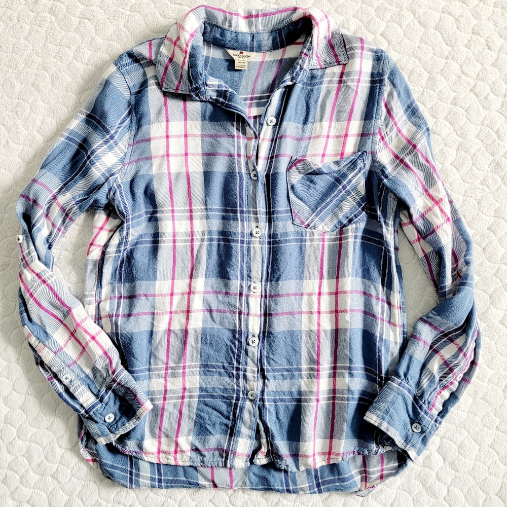 Woolrich flannel plaid button down shirt tartan top long sleeved small blue